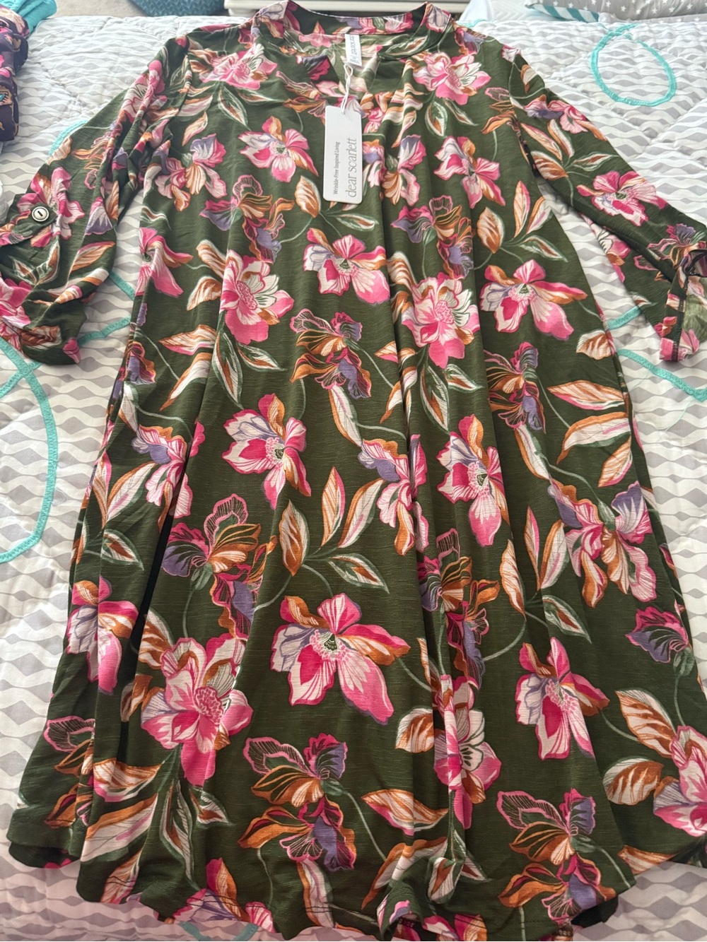 cello sport Olive Floral Long Sleeve Swing Dress